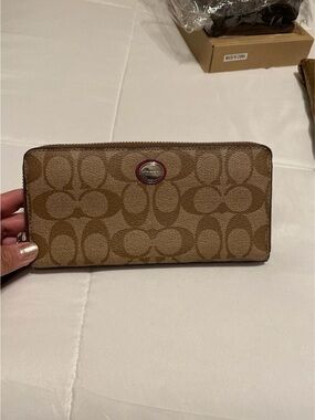 Coach Monogram Zip-Around Wallet in Khaki Brown with Fuchsia Trim
